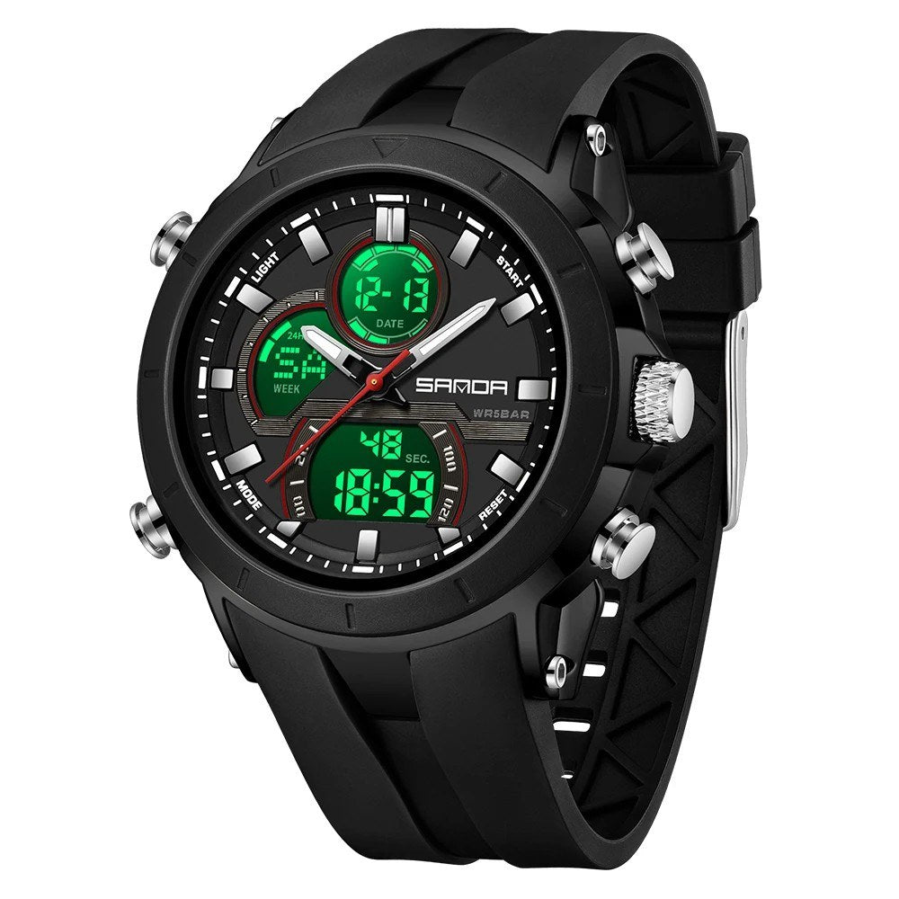 SANDA 6279 analogue-digital watch in all black with the digital windows lit green