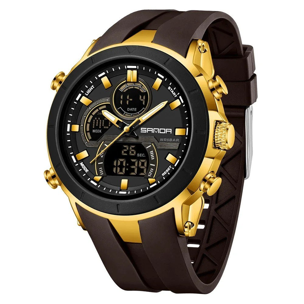 SANDA 6279 watch with brown strap, gold-coloured case and black bezel