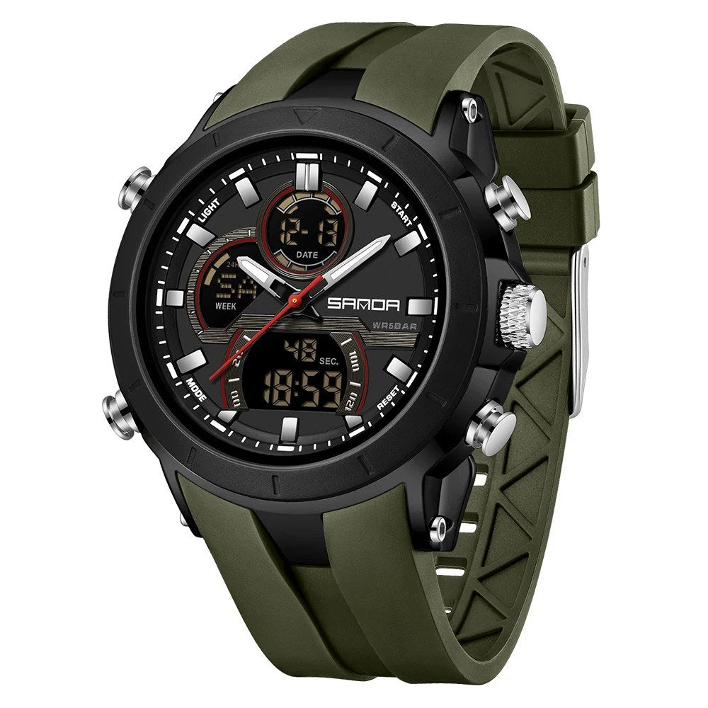 SANDA 6279 watch with a black case and olive green strap