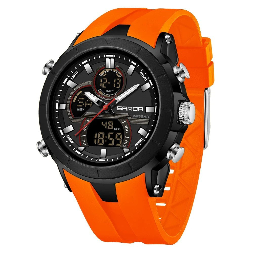 SANDA 6279 watch with a black case and orange strap