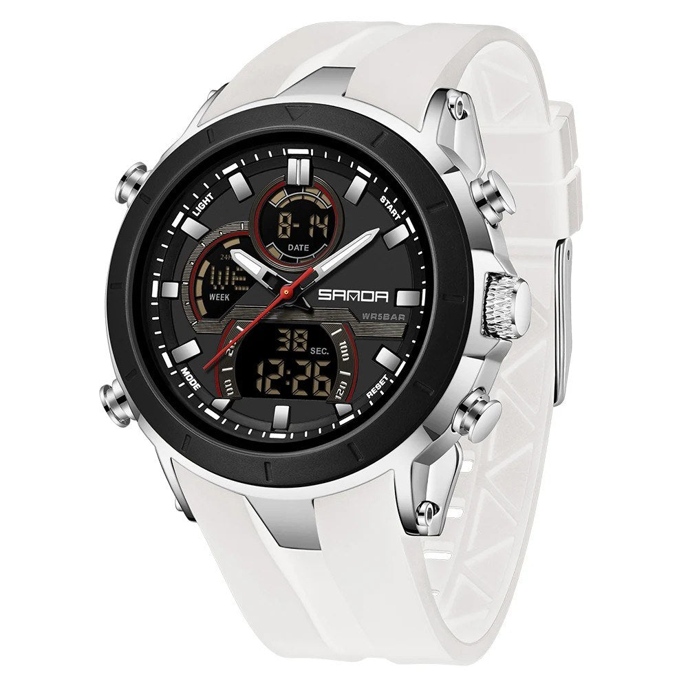 SANDA 6279 watch with white strap, black bezel and silver-coloured case sides