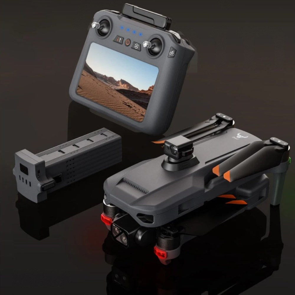 SG909MAX folding GPS drone beside its touch-screen remote control