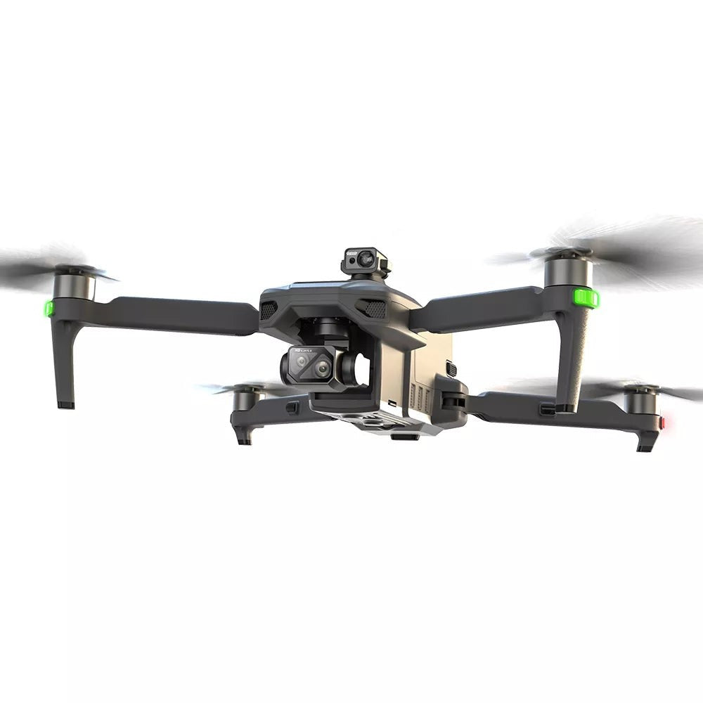SG909MAX in flight, front view at eye level with the gimbal camera and obstacle-avoidance module, on white