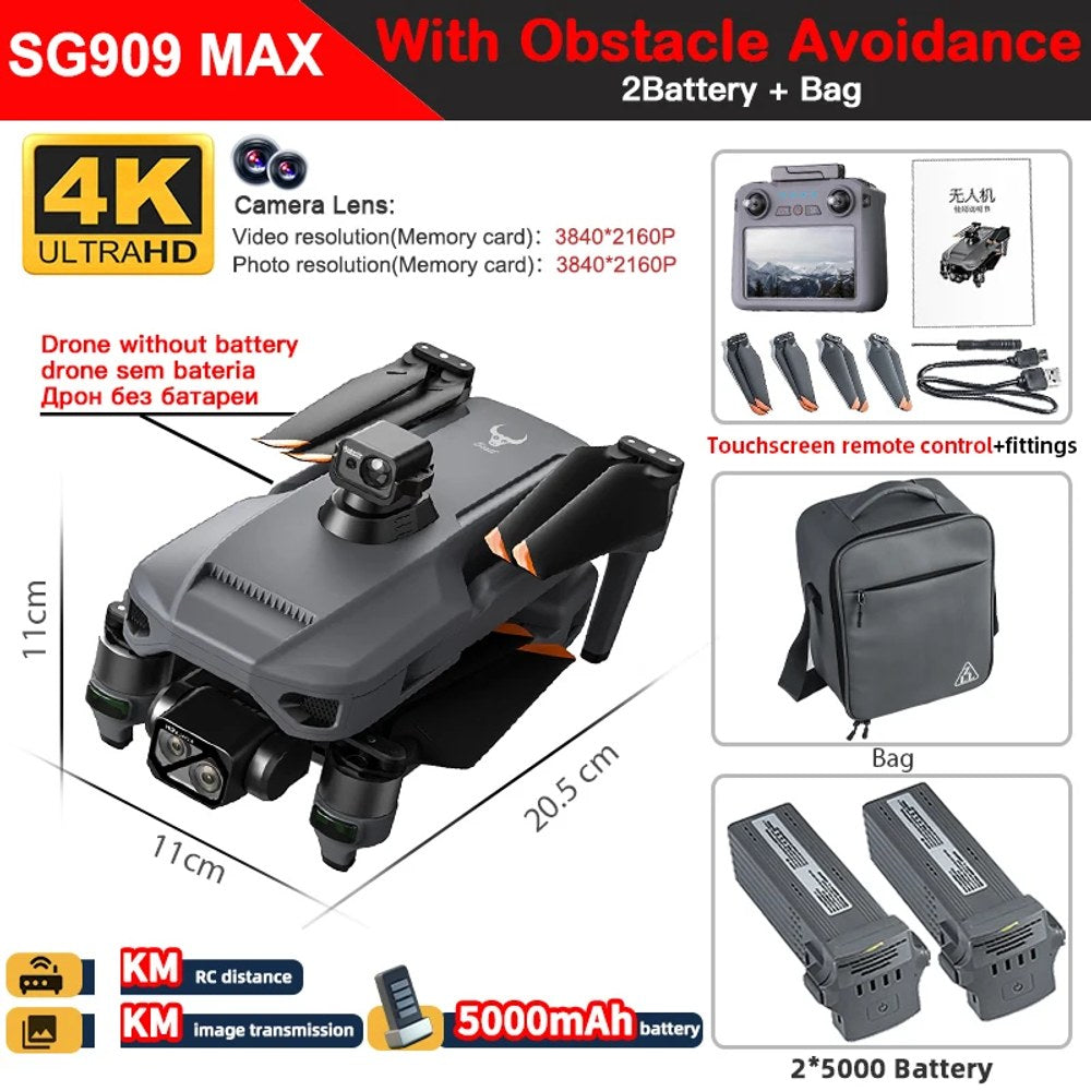 SG909MAX kit with touch-screen remote, two batteries, obstacle-avoidance module and carry bag