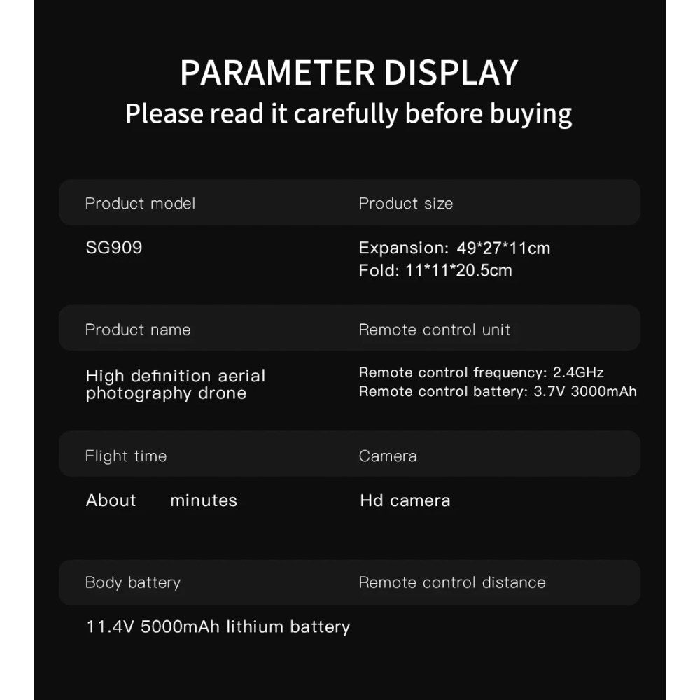 The maker's SG909 parameter sheet: size, 2.4 GHz remote, 11.4 V 5000 mAh battery; flight time and range left blank
