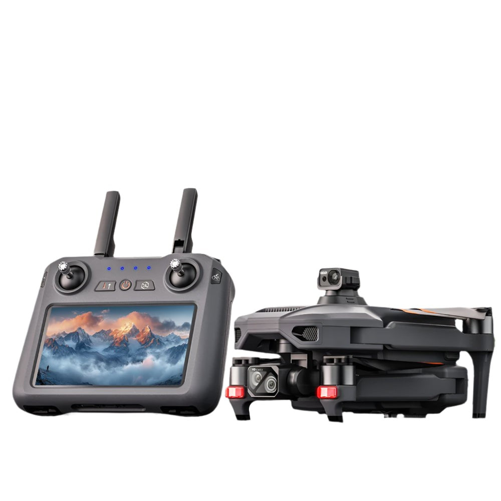 SG909MAX touch-screen remote and the folded drone side by side, on white