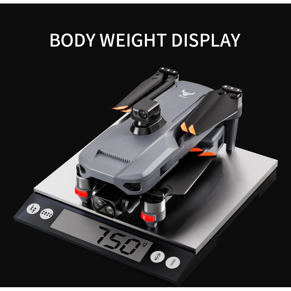 SG909MAX drone on a kitchen scale reading 750 g