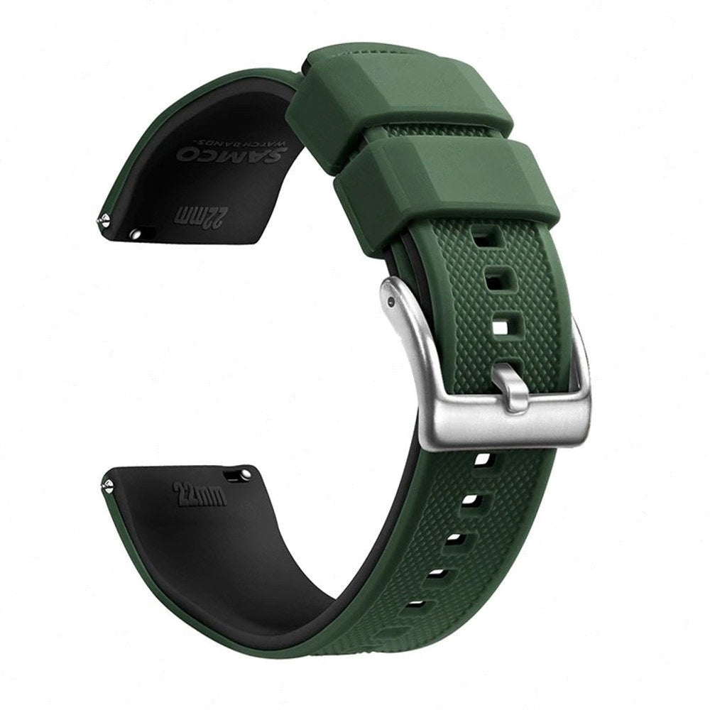 Army green silicone band with a black inner face and a silver buckle