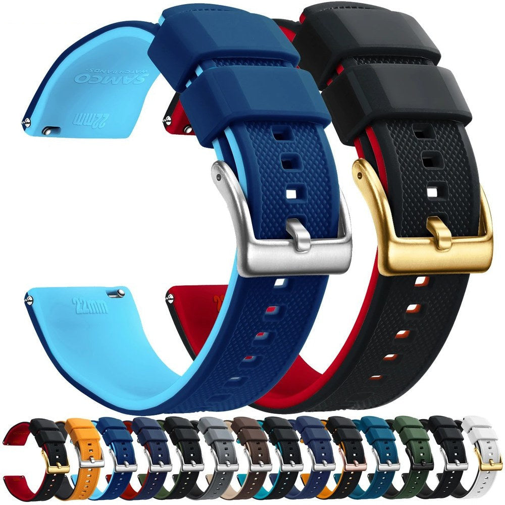 Two silicone bands in blue and black-and-red, with a row of the other colour pairings below