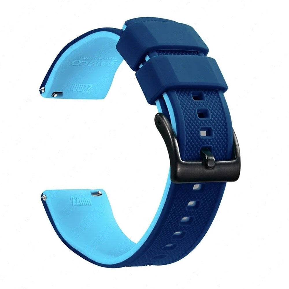 Sapphire blue silicone band with a light blue inner face and a black buckle