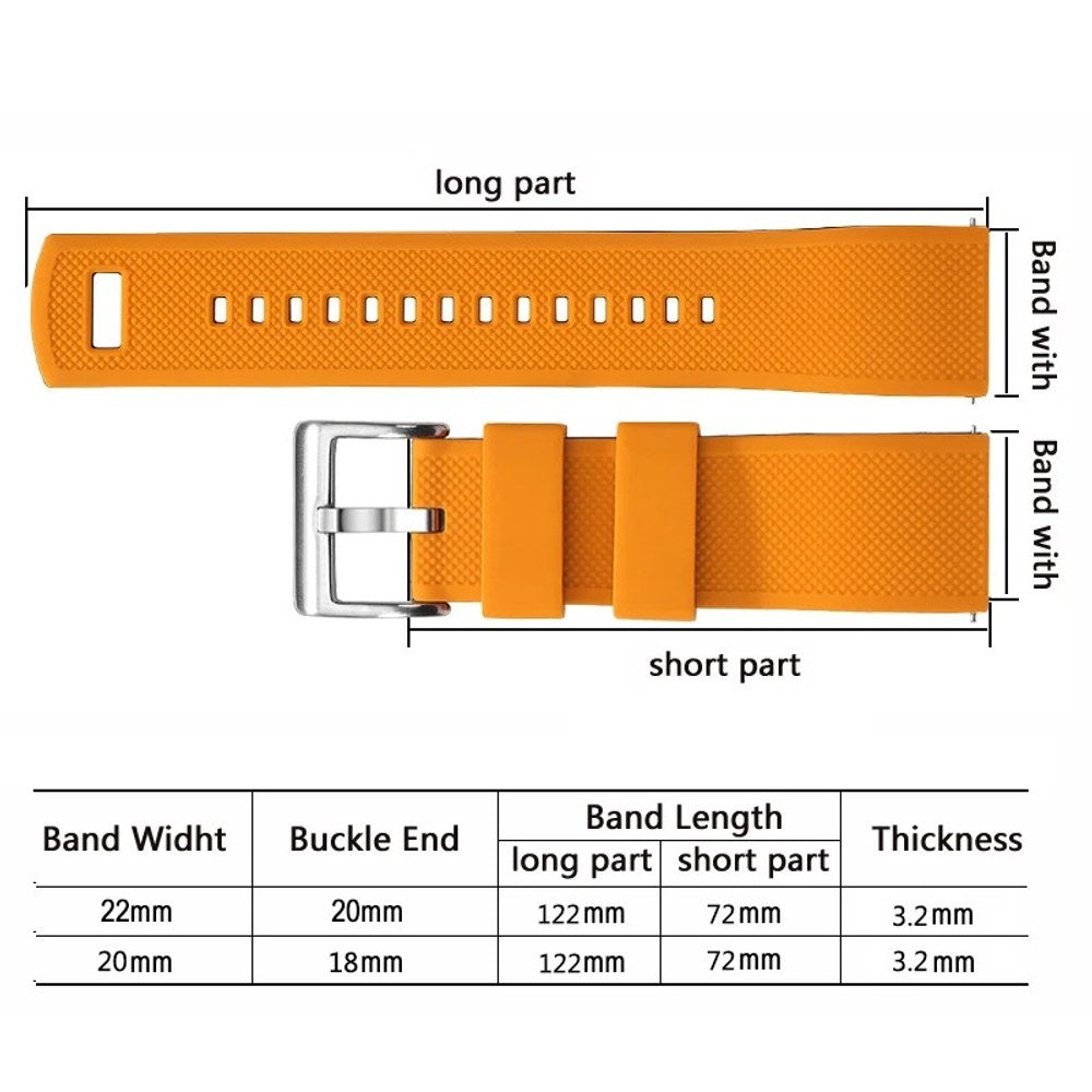 Size drawing: long piece 122 mm, buckle piece 72 mm, 3.2 mm thick, 22 mm band tapering to 20 mm, 20 mm to 18 mm