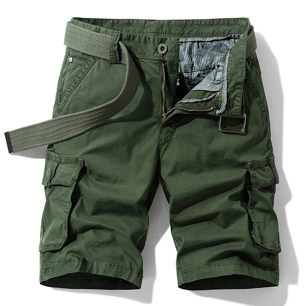 Army Green01 cargo shorts laid flat, front view, fly open to show the gingham check facing, metal tack button and D-ring on the waistband, with a green webbing belt used for styling