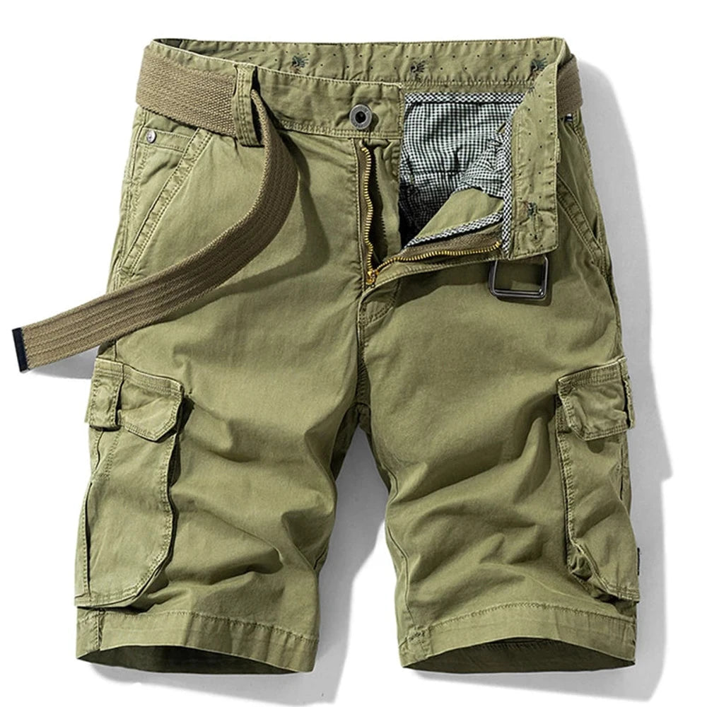 Khaki01 cargo shorts laid flat, front view, fly open to show the gingham check facing, metal tack button and D-ring on the waistband, with a tan webbing belt used for styling