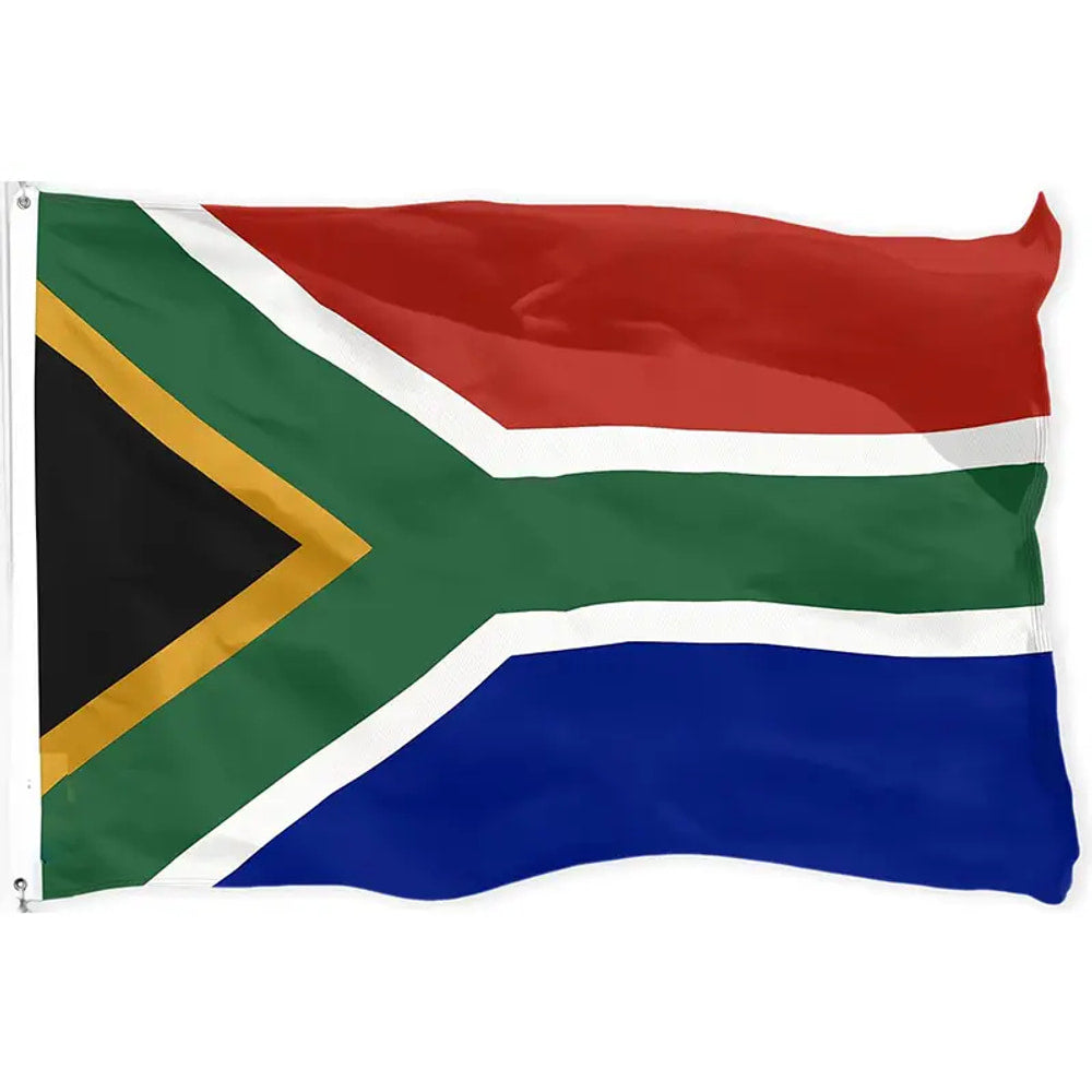 South African flag in printed polyester: green Y with red, blue and black; white header strip with metal eyelets at left