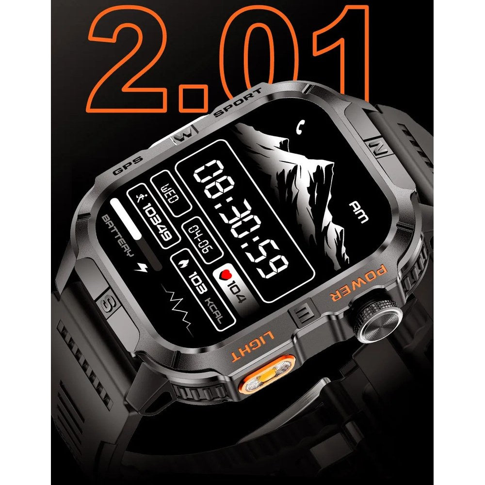 Close-up of the 2.01 in square screen with a digital watch face, orange torch button and crown