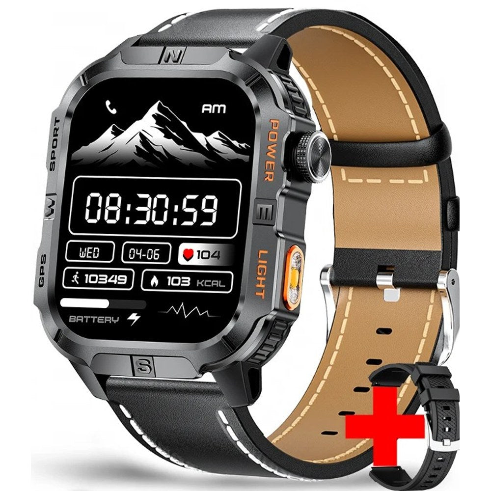 Square GPS smartwatch, black case with orange trim on a black leather strap, spare silicone strap shown