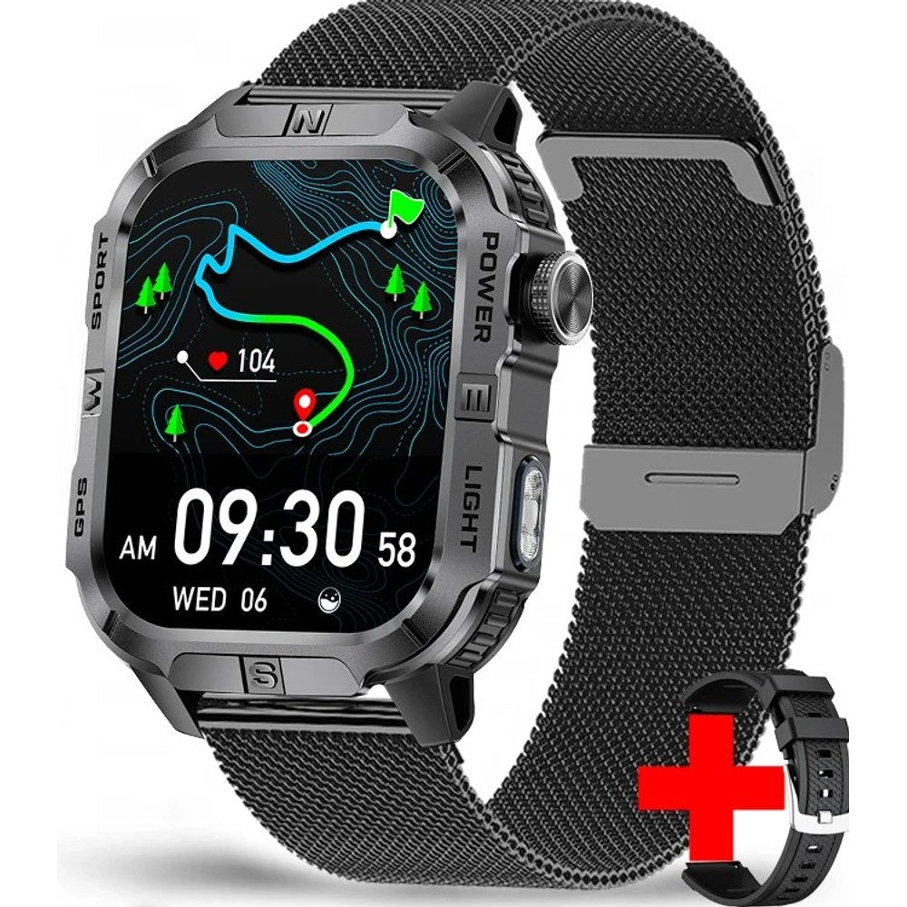 Square GPS smartwatch, black case with dark grey lettering on a black mesh strap, spare black silicone strap shown