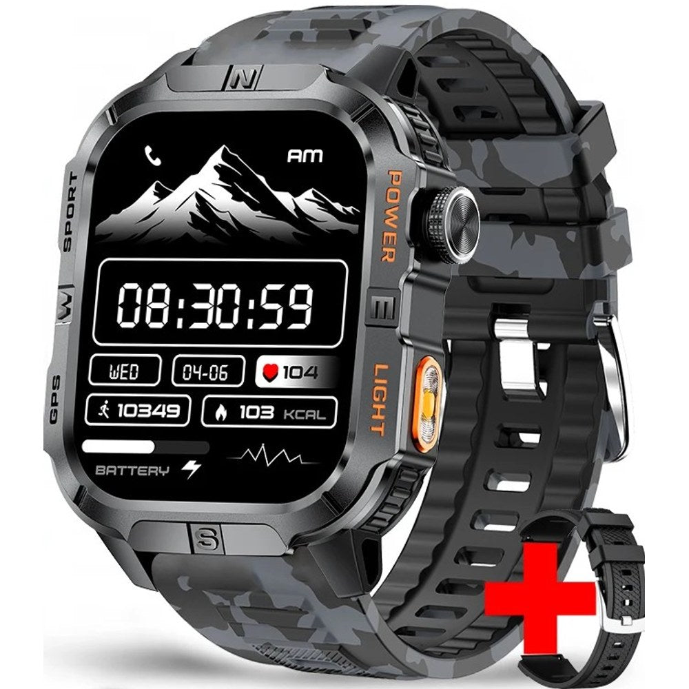 Square GPS smartwatch, black case with orange trim on a grey camouflage silicone strap, spare strap shown