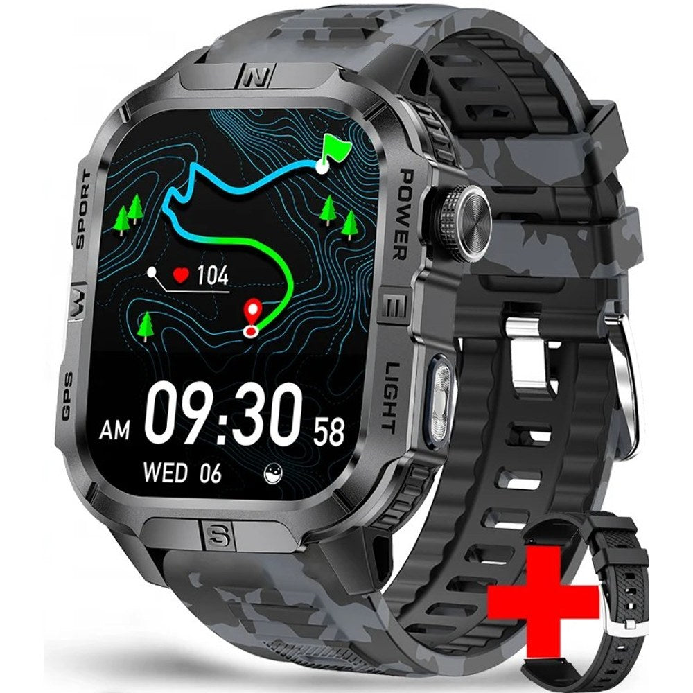 Square GPS smartwatch, black case with dark grey lettering on a grey camouflage silicone strap, spare strap shown