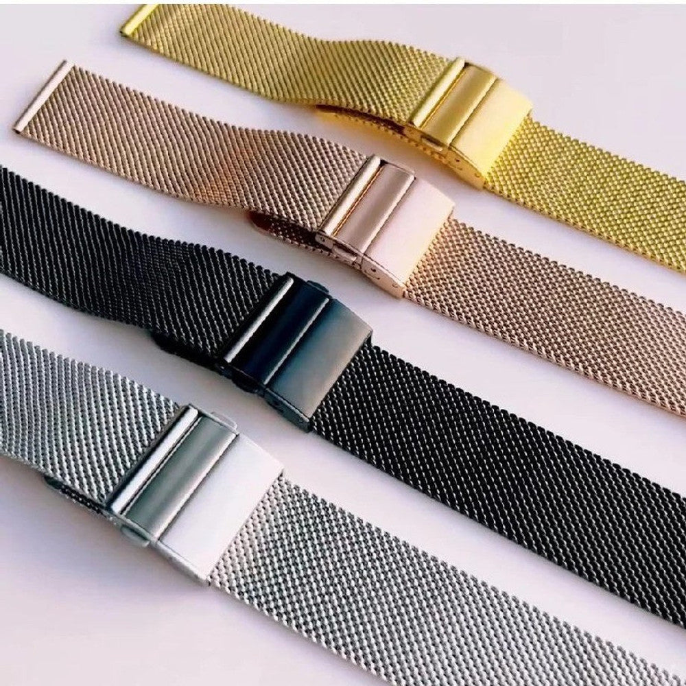 The four mesh band colours laid side by side: gold, rose gold, black and silver