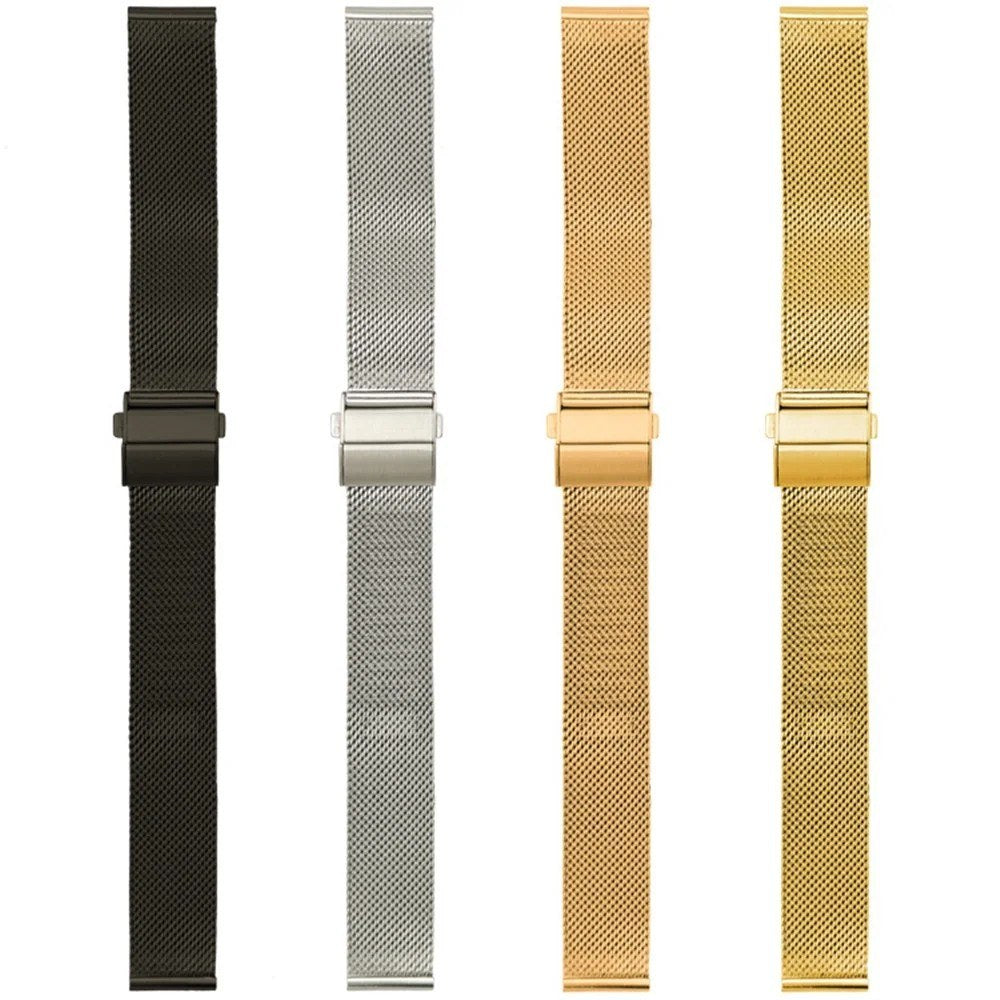 Four mesh bands hanging full length in black, silver, rose gold and gold