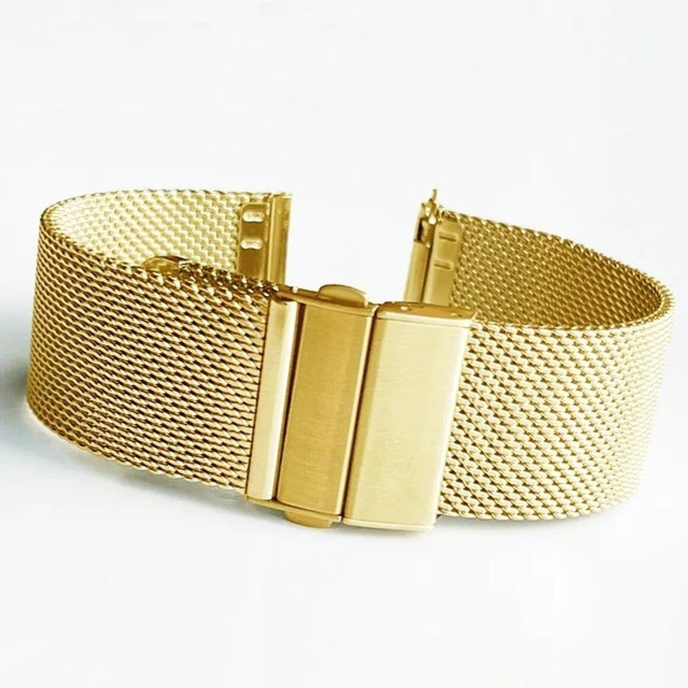 Gold-coloured Milanese mesh watch band with a matching folding clasp