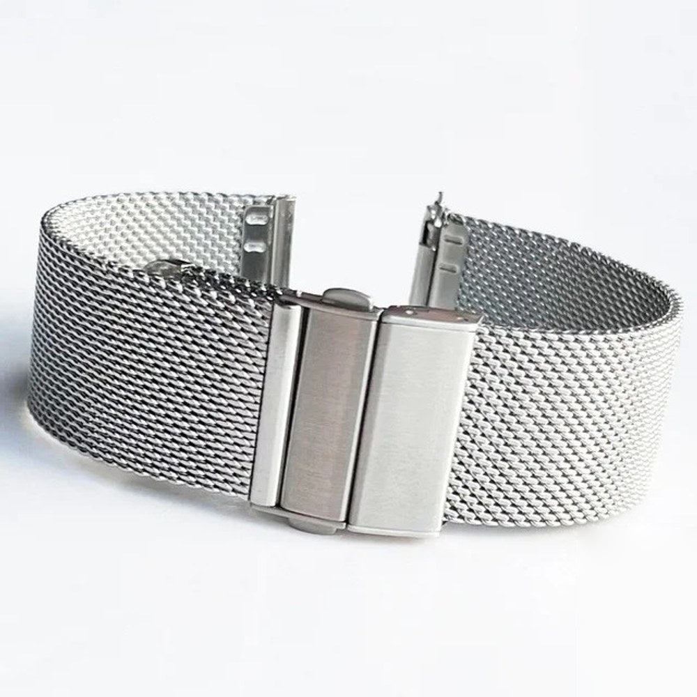 Silver stainless steel Milanese mesh watch band with a folding clasp, shown with the spring-bar tool and pins