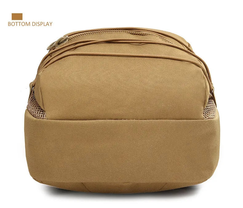 Bottom of the tan hydration pack showing the padded base and zip openings