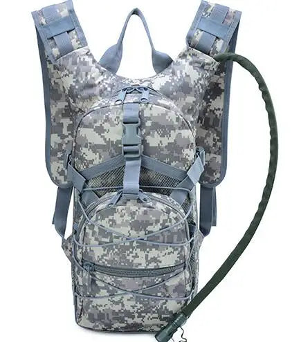 ACU grey digital camouflage hydration pack, front view with drinking hose fitted