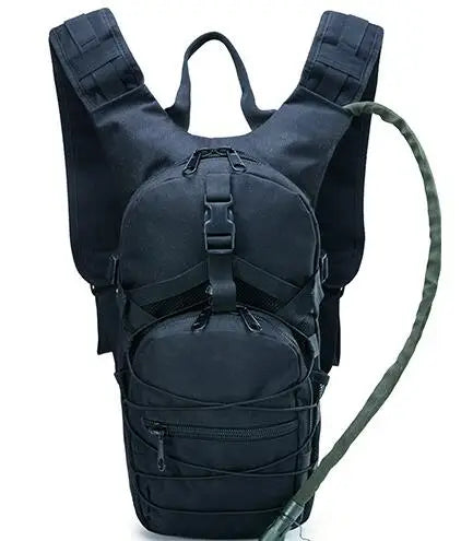 Black hydration pack, front view with drinking hose over the right shoulder