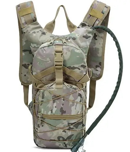 CP multicam camouflage hydration pack, front view with drinking hose fitted