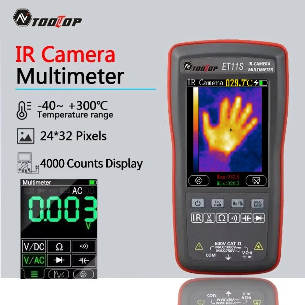 TOOLTOP ET11S thermal imager multimeter with a thermal image of a hand on screen, and range, pixel and count callouts