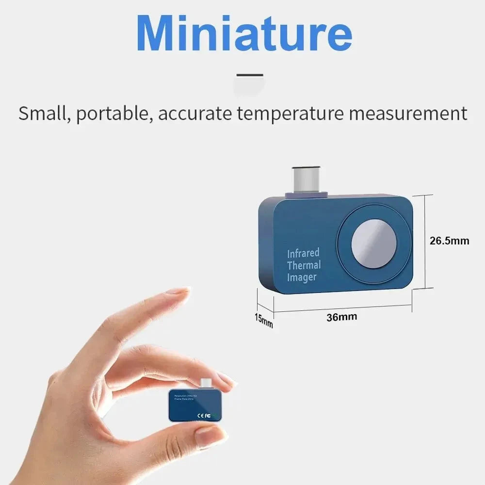 T7 thermal camera held between finger and thumb, with its 36 × 26.5 × 15 mm dimensions
