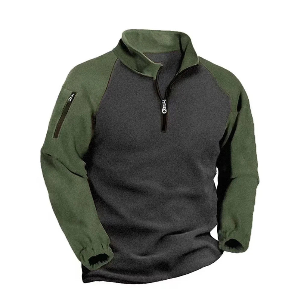 Half-zip fleece pullover with army green sleeves and collar on a charcoal body