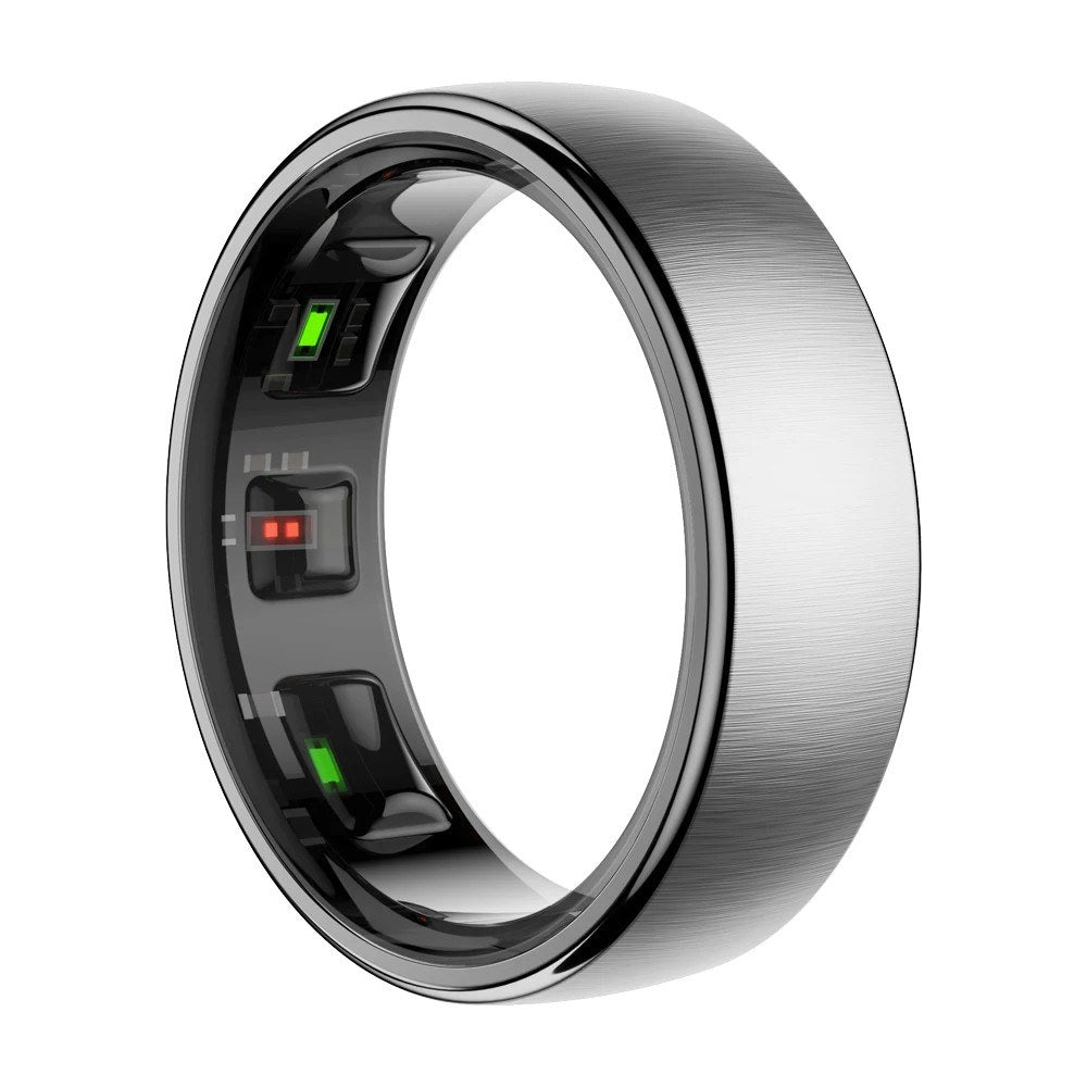 Silver R10 smart ring, brushed finish, with the sensor windows visible on the inside of the band
