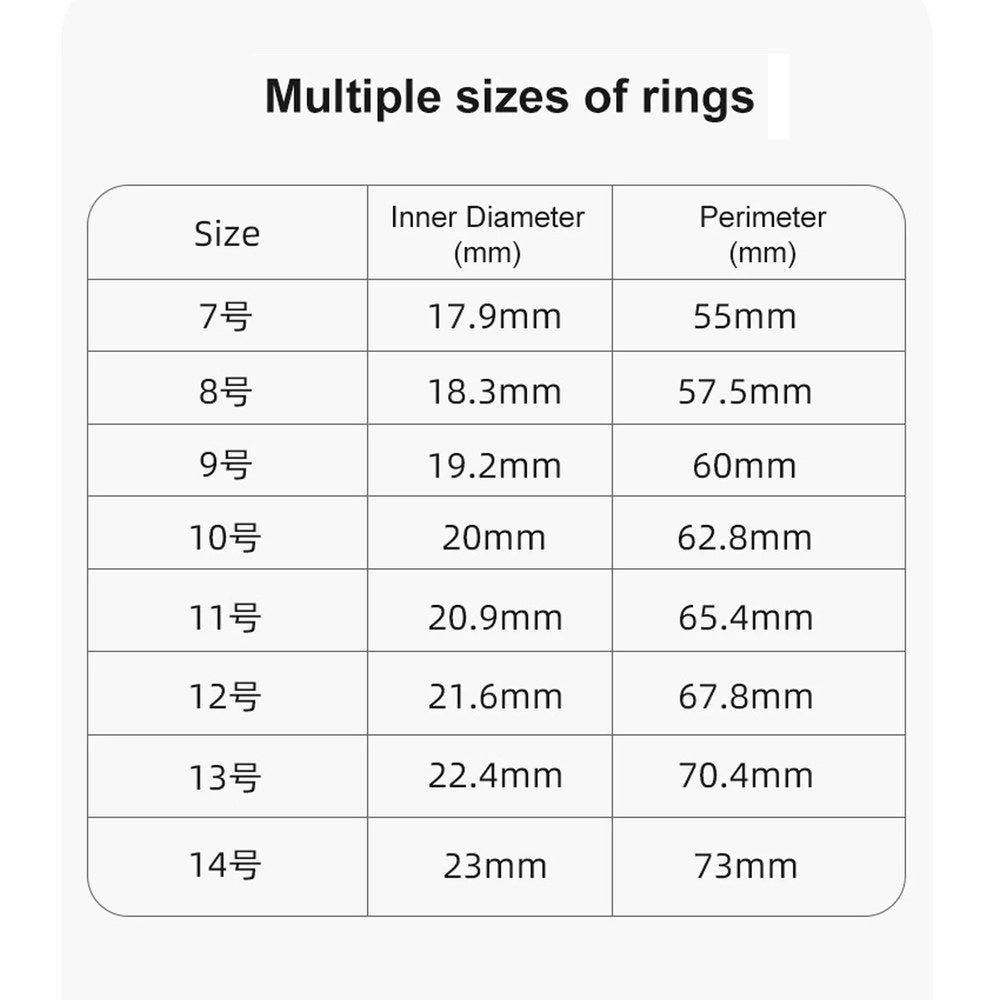 Supplier size chart: ring sizes 7 to 14 with inside diameter 17.9 to 23 mm and circumference 55 to 73 mm