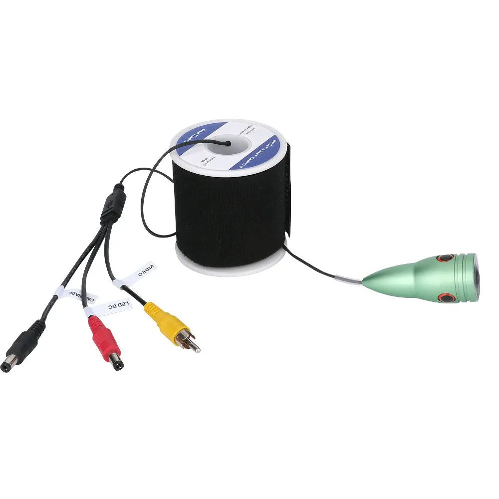 Green underwater camera on its cable reel with video, LED power and camera power plugs