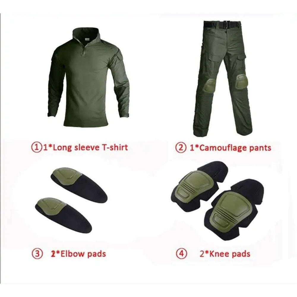 Army green uniform set: all-green long sleeve shirt and trousers with two elbow pads and two knee pads
