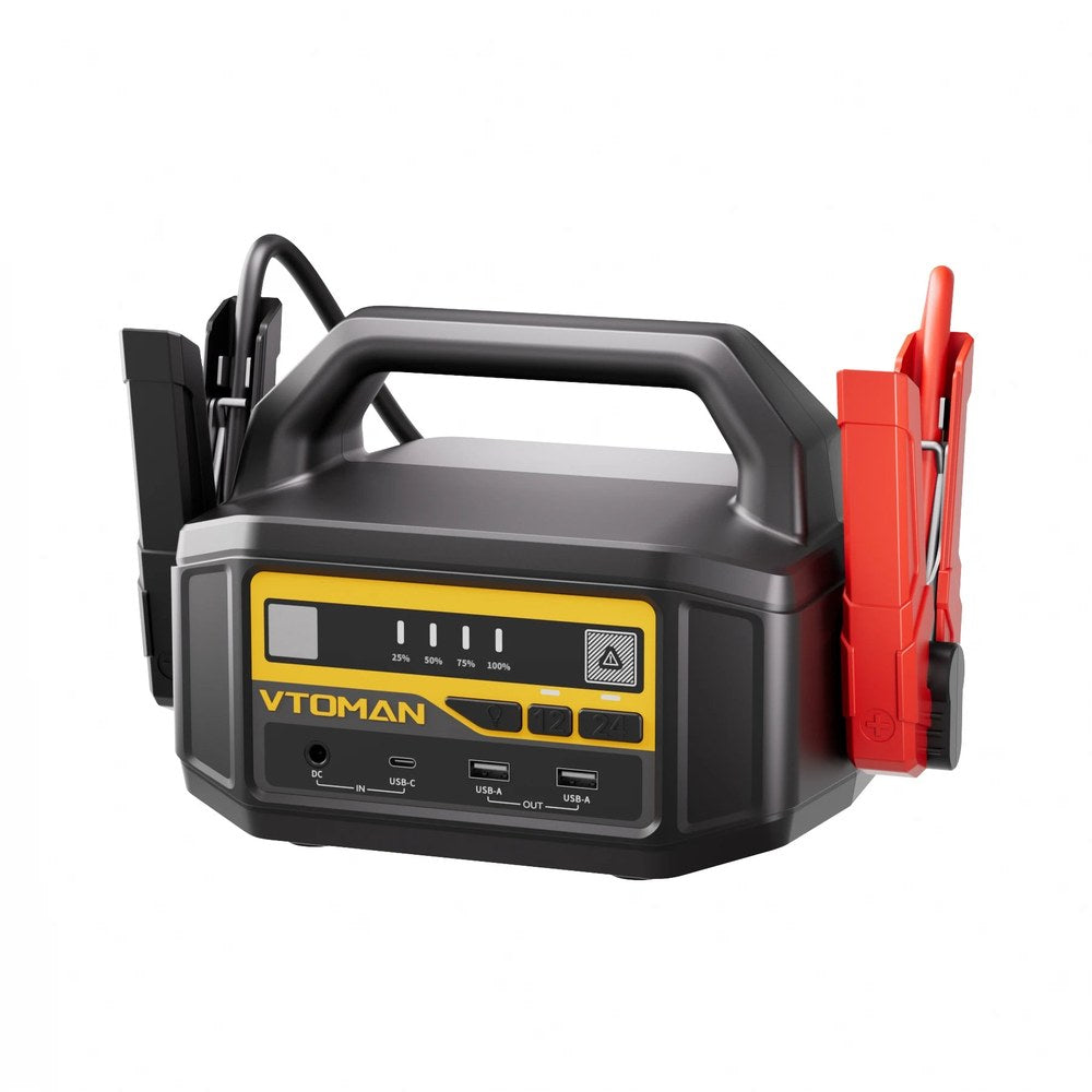 VTOMAN V-Truck 12 V and 24 V jump starter, front panel with charge gauge, 12 V and 24 V buttons and USB ports
