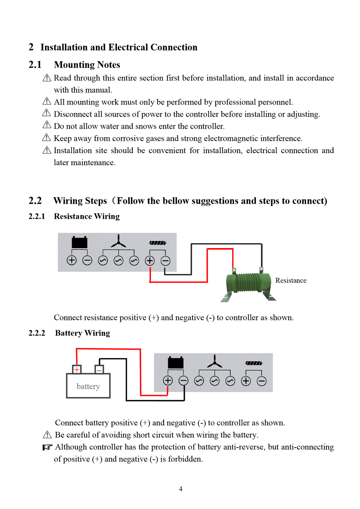 Manual page 4: mounting notes and the wiring steps for the dump-load resistor and the battery.