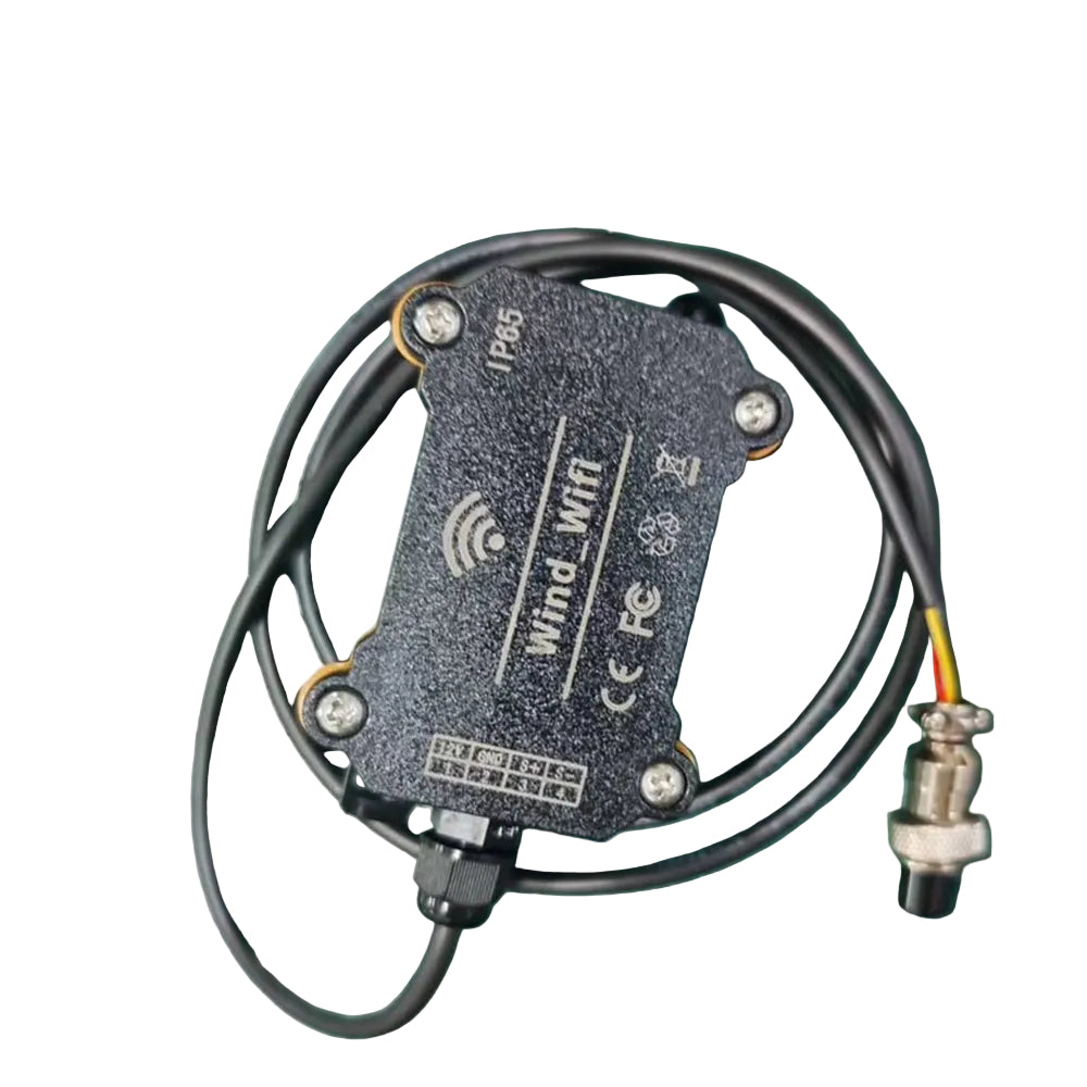 Wind_WiFi monitoring module for the WW series controller: a small black box with four screws on a cable ending in a round screw-lock plug, terminals marked 12V, GND, S+ and S-. The WiFi option lets you check and adjust the controller from a phone or computer. No aerial required; the manufacturer says the signal is very good. Fitted at the factory, nothing for you to install.