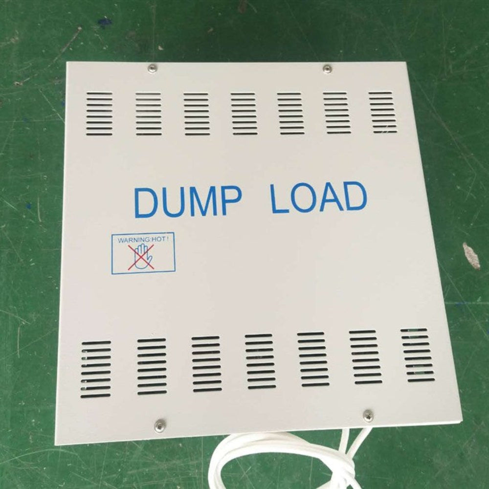 Included dump-load resistor box for the WW series controllers: white vented steel enclosure printed DUMP LOAD with a warning-hot symbol