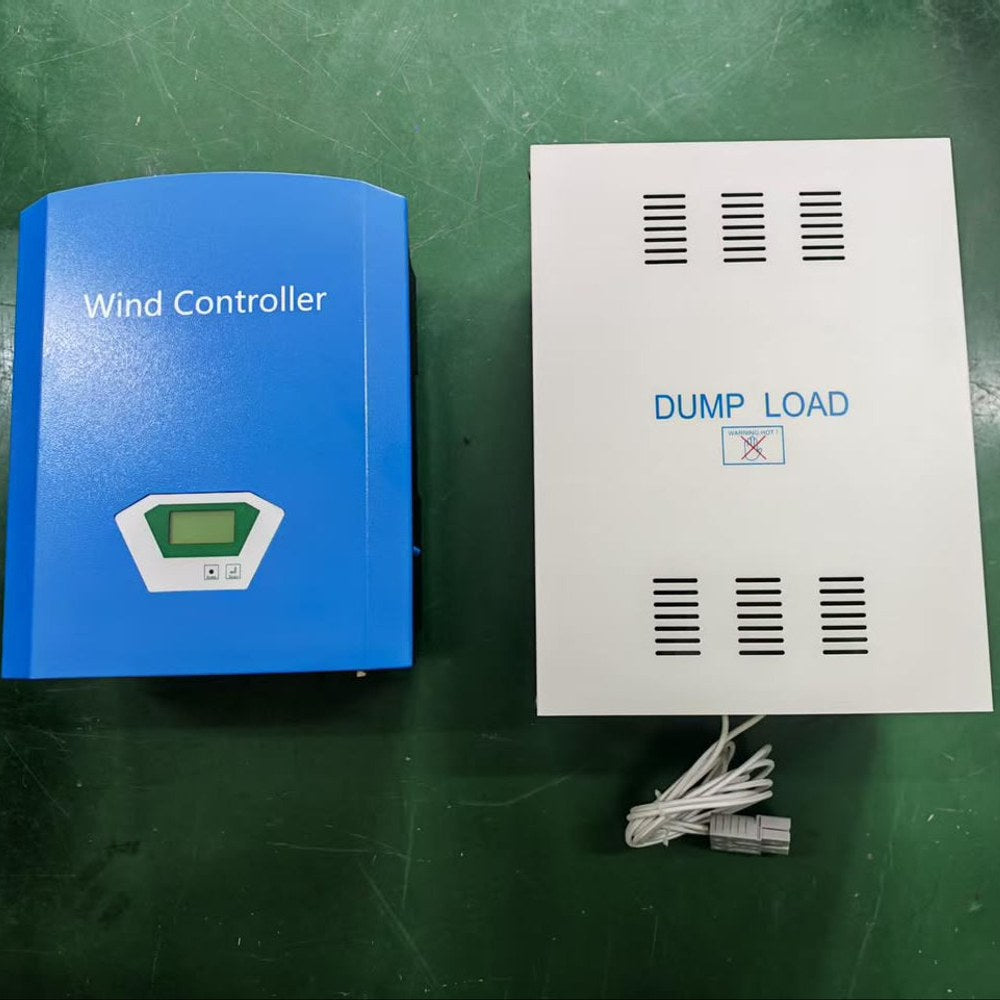 WW20 2 kW set: blue Wind Controller with LCD beside its white DUMP LOAD box with vents, hot-surface warning and a cable with grey plug, on a green workbench