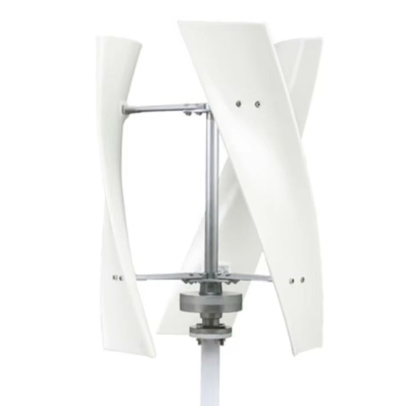 Studio shot of the white X-300 three-blade helical vertical-axis turbine on a short pole stub, plain white background.