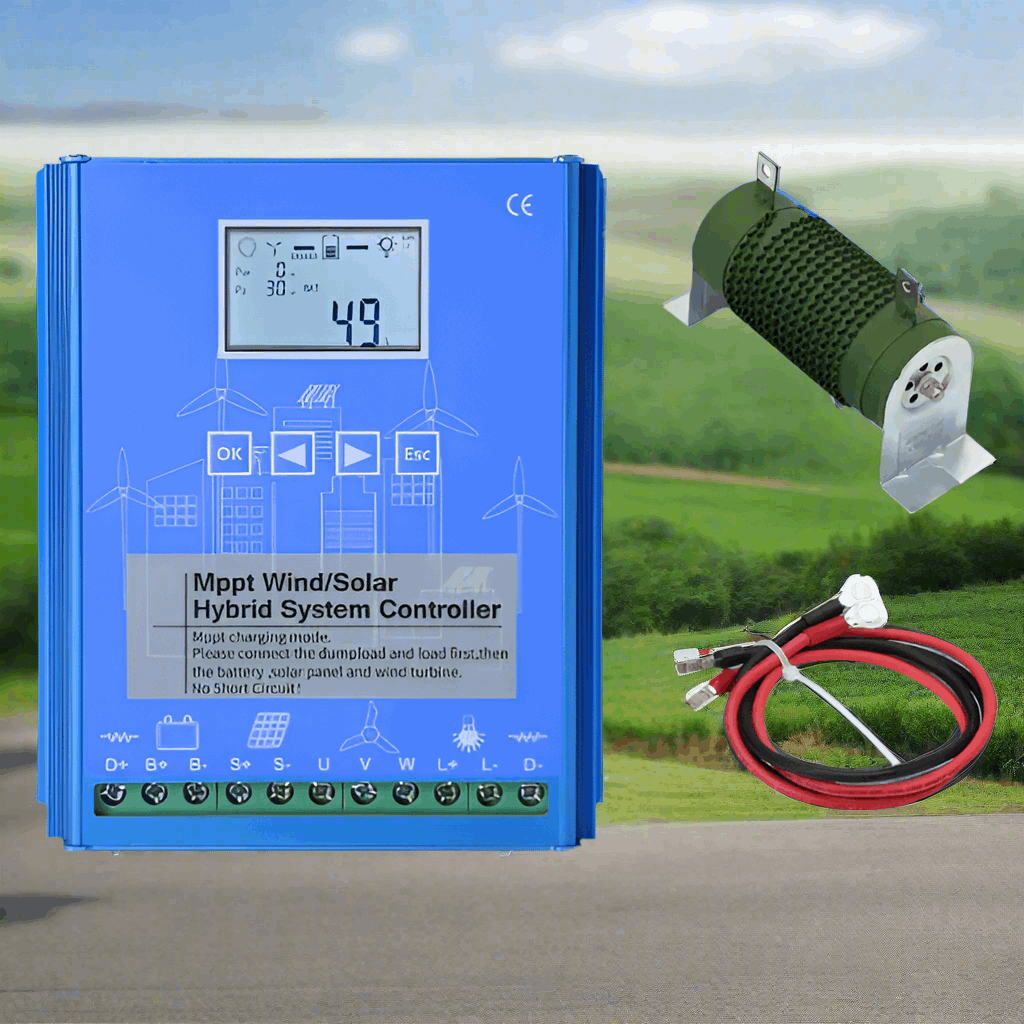 Blue MPPT wind and solar hybrid controller with LCD, labelled terminal strip, green dump load resistor and battery leads