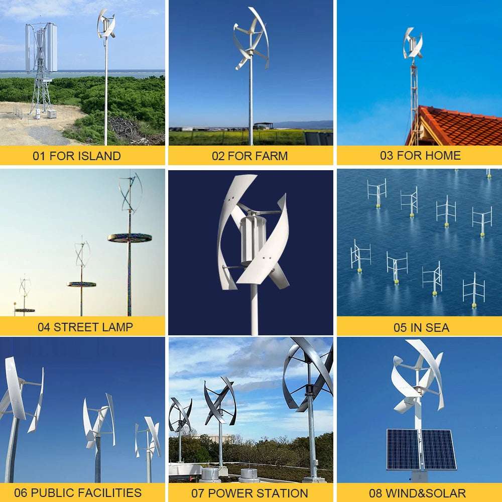 Grid of eight installation settings: island, farm, home, street lamps, offshore, public facilities, power station and wind-solar