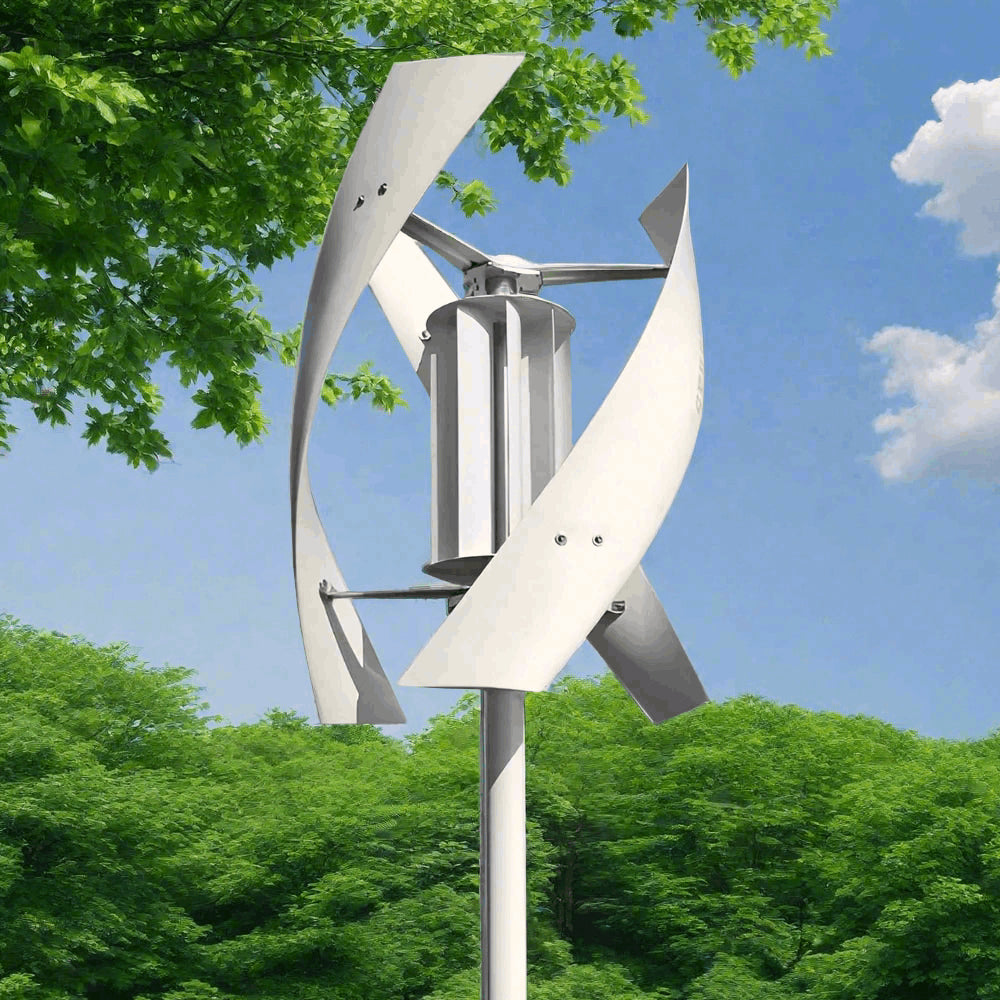 White three-blade vertical-axis wind turbine mounted on a white mast against trees and blue sky