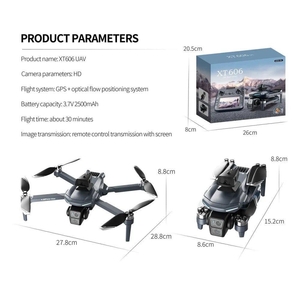 The maker's XT606 parameter chart: GPS and optical-flow positioning, 3.7 V 2500 mAh battery, about 30 minutes flight, 27.8 × 28.8 × 8.8 cm unfolded, 15.2 × 8.6 × 8.8 cm folded, box 26 × 20.5 × 8 cm
