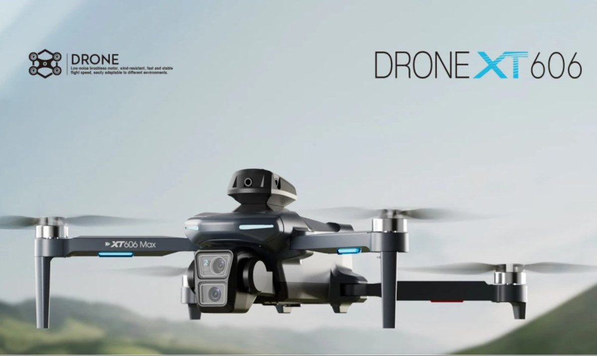 XT606 folding GPS drone in flight with its dual camera on the front
