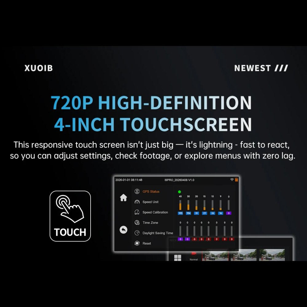 Panel describing the 720p 4-inch touch screen, with the settings menu shown on screen